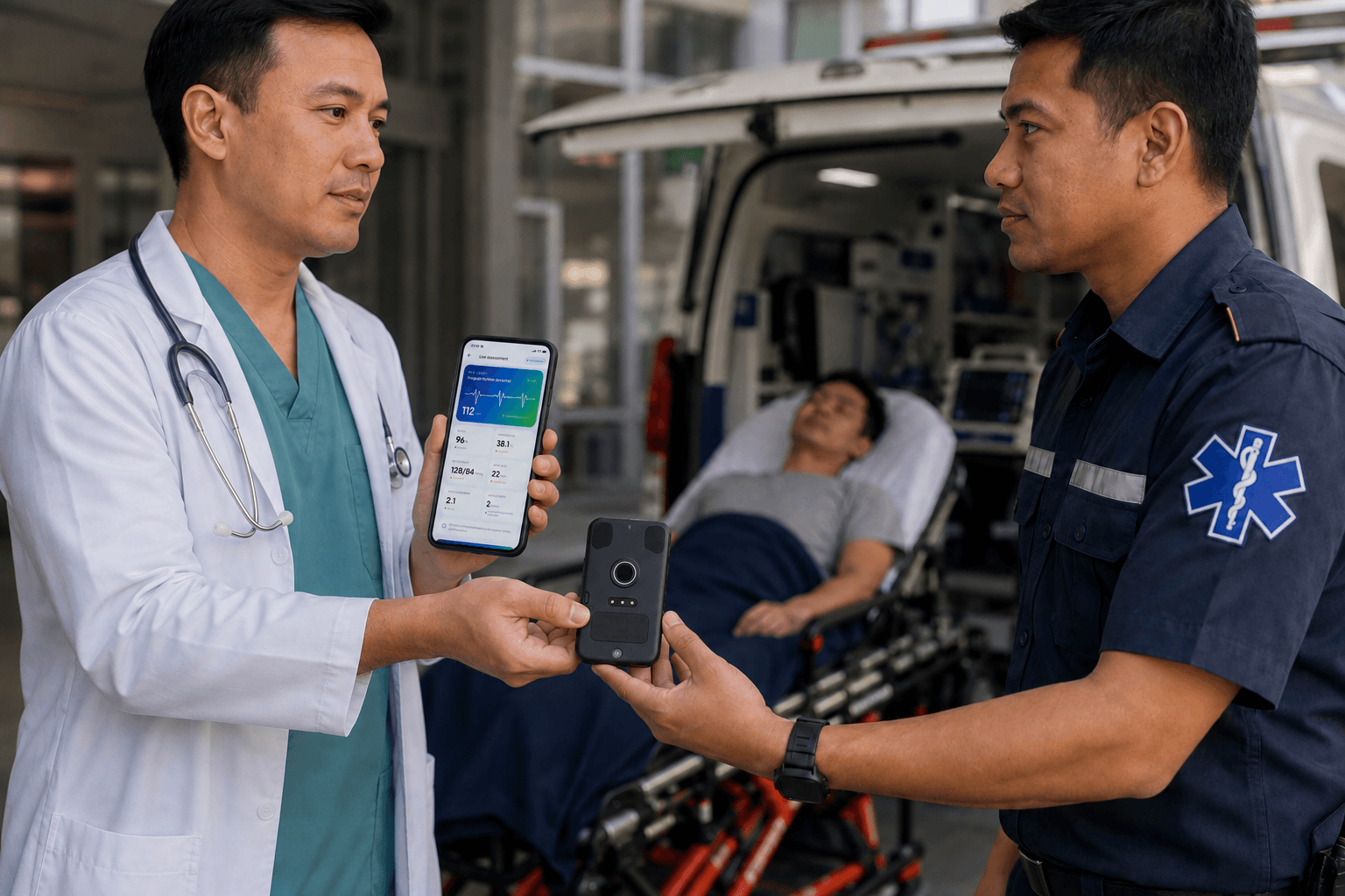 A doctor handing the standalone Medivue device to a paramedic while holding a phone displaying the Medivue app, with a patient on a stretcher in the background